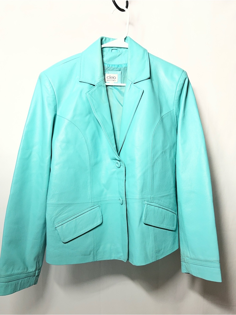 CLEO Women's Petite LargeTurquoise Leather 2 Button Blazer Jacket